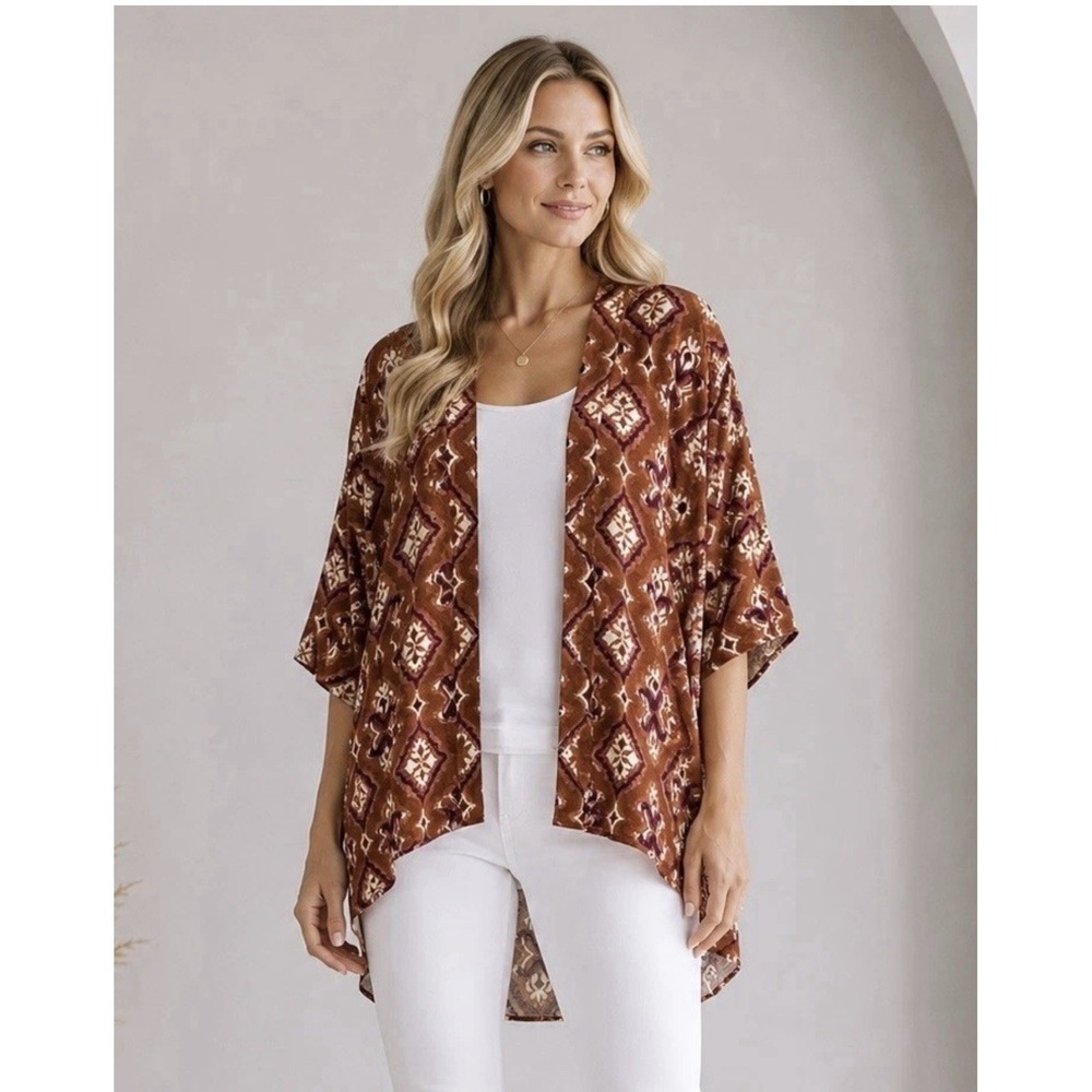 NWT Knox Rose open-front Kimono Duster Bohemian Rust Geometric Print M/L